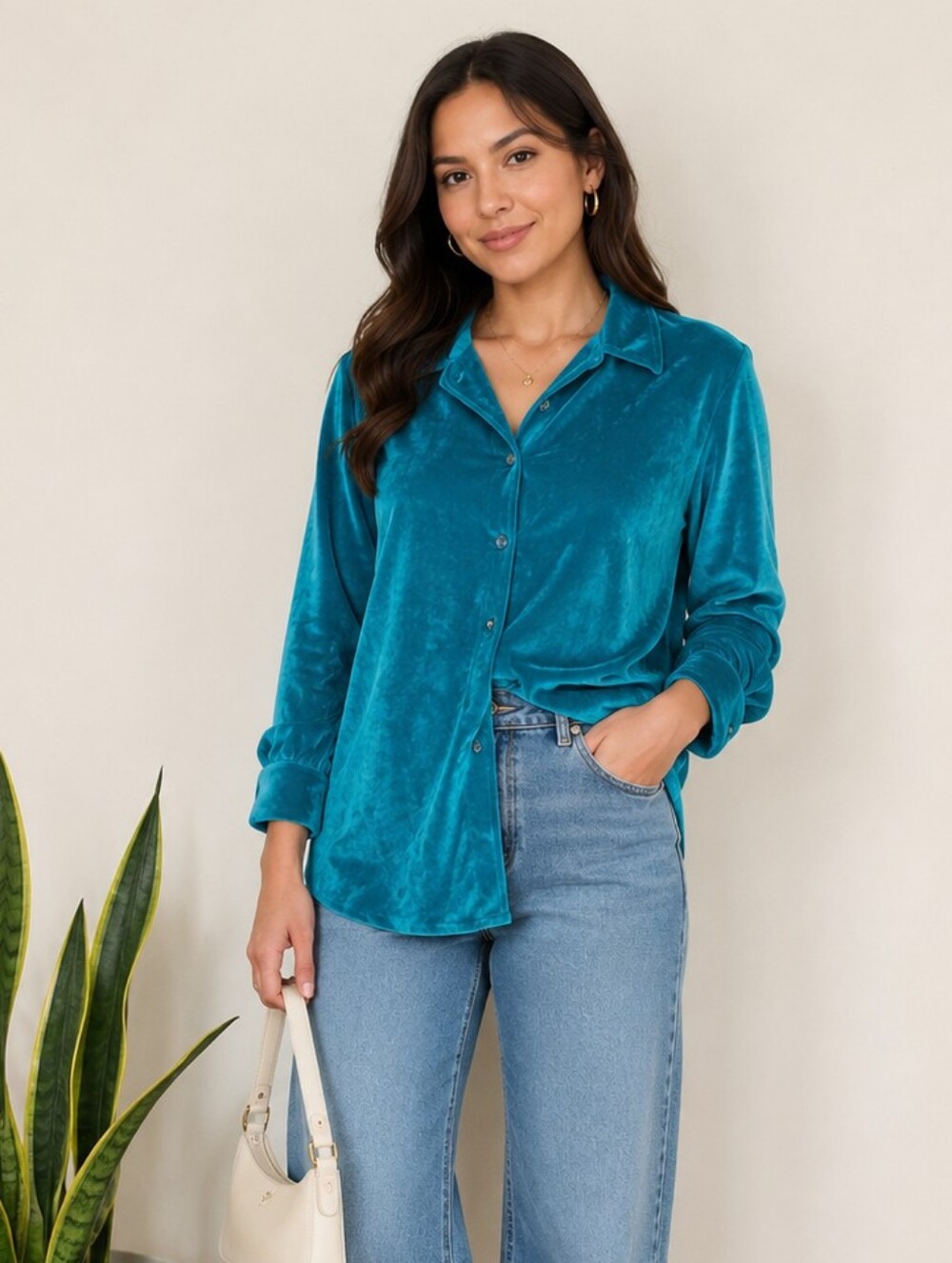 Vintage Teal Velour Button Up